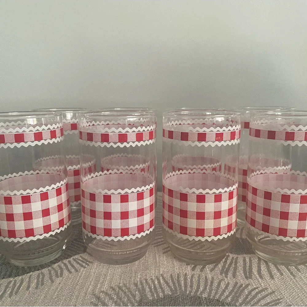 Libbey Red Gingham Pattern Tumblers Farmhouse Cottage Core 12 oz Set of 8